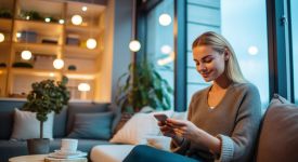 Frau auf der Couch steuert Smart Home